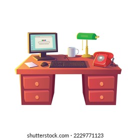 Mostrador retro. Centro de trabajo con ordenador, lámpara de mesa verde, teléfono retro disco. Estilo de dibujos animados vectores.
