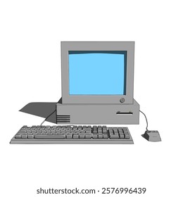 Retro desktop computer featuring a traditional CRT monitor, keyboard, and wired mouse, isolated on a white background. Highlights the classic vintage computer design suitable for technology history.