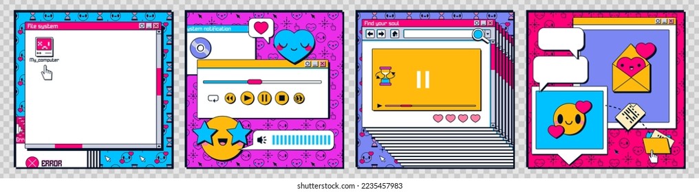 Retro desktop computer interface with windows, folders, music player and smiling icons. Social media posts template in y2k style with old pc screen elements, vector cartoon set