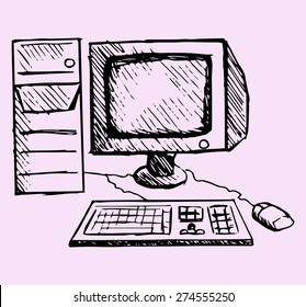 Retro Desktop Computer With Monitor, Keyboard And Mouse, Doodle Style. Sketch Illustration