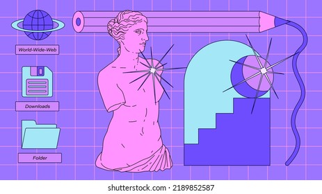 Escritorio retro con iconos en estilo vaporwave 80. Collage de elementos de interfaz de usuario y escultura de Venus. 