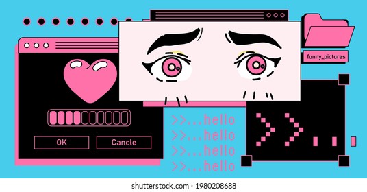 Retro desktop with message boxes, terminal console window. OS user interface in vaporwave 80's vintage stylization.