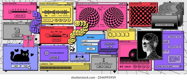 Ventanas de interfaz de PC de escritorio retro. Iconos digitales coloridos de Antiguas, pantalla de computadora de dibujos animados retro, notificaciones del sistema, aplicaciones y carpetas. Conjunto de Vectores