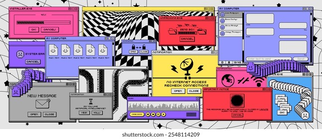 Ventanas de interfaz de PC de escritorio retro. Iconos digitales coloridos de Antiguas, pantalla de computadora de dibujos animados retro, notificaciones del sistema, aplicaciones y carpetas. Conjunto de Vectores