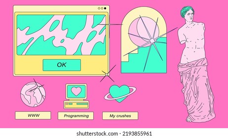 Retro desktop with user interface elements and Venus sculpture. Modern illustrations in nostalgic colorful style of the 2000s.