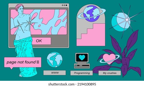 Retro desktop with user interface elements and Venus sculpture. Modern illustrations in nostalgic colorful style of the 2000s.