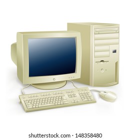 The retro desktop white computer with monitor, keyboard and mouse on the white background