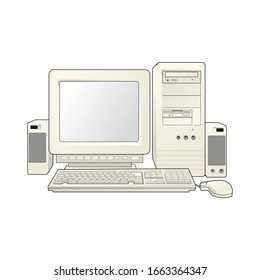 The retro desktop white computer with monitor, keyboard and mouse on the white background in EPS10