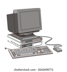 The retro desktop white computer with monitor, keyboard and mouse on the white background in EPS10