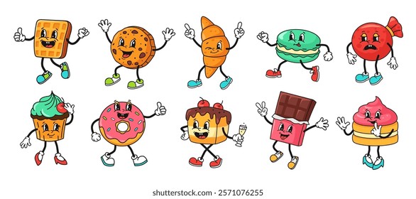 Retro dessert character. Cartoon sweets mascots, smiling cookie, playful waffle, croissant and tasty macaron. Cute cupcake, funny donut, chocolate bar and cake, rubber hose style vector set.