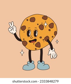 Retro dessert character. Cute cartoon mascot sweets, smile walking sweet food, funny face vintage chocolate chip cookie, bakery characters vector set.