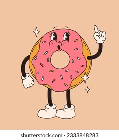 Retro dessert character. Cute cartoon mascot sweets, smile walking sweet food, funny face vintage donut, bakery characters vector set.