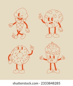 Retro dessert character. Cute cartoon mascot sweets, smile walking sweet food, funny face ice cream, vintage cupcake, donut and wafer, bakery characters vector set.