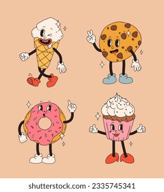 Retro dessert character. Cute cartoon mascot sweets, smile walking sweet food, funny face ice cream, vintage cupcake, donut and wafer, bakery characters vector set.