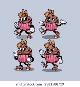 Retro dessert character. Cute cartoon mascot sweets, smile walking sweet food