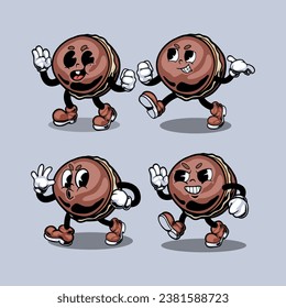 Retro dessert character. Cute cartoon mascot sweets, smile walking sweet food