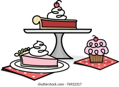 Retro Dessert Illustration of Slices of Pie and a Cupcake
