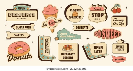 Retro dessert sticker roadsign set with signs, arrows and badges. Sweet food elements for menus, branding, posters. Vector illustration in vintage mid century 50s style 