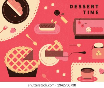 Retro dessert time poster card concept. flat design style minimal vector illustration