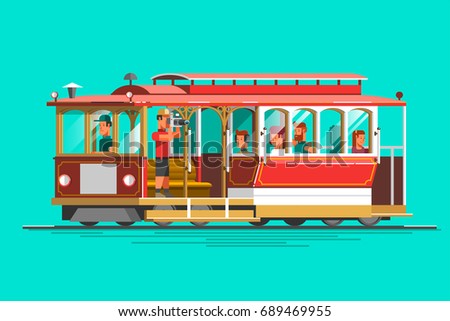 Retro detailed vector cable car, 3d view, isolated. Transit vintage graphic element on cable rail car. Urban lifestyle, touristic and sightseeing graphic design.