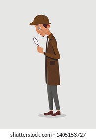 Retro Detective, Sherlock Holmes in Classic Hat, Frock Coat and Monocle Looking in Magnifier Glass Isolated on White Background, Investigator at Work Solving Crime. Cartoon Flat Vector Illustration