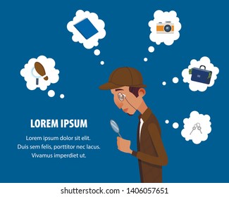 Retro Detective, Sherlock Holmes Wearing Vintage Clothing and Monocle Looking through Magnifier Glass, Investigating Icons. Top Secret Undercover Agent, Cartoon Flat Vector Illustration, Square Banner