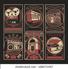 Retro Devices Advertisement Poster Templates Set, Propaganda Placards Style, Reel Tape Player, Radio, Cassette Recorders, Jukebox, Turntable 