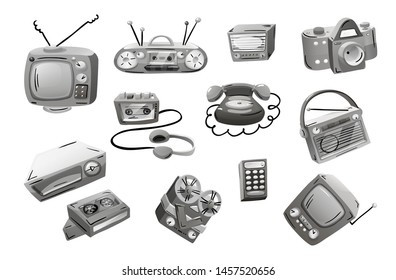 Retro devices in cartoon comics style, black and white. Vector illustration isolated on white background.