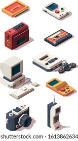 Retro devices. Cell phone old smartphone cameras photo vhs music and game console player computer vector isometric collection