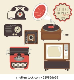 Retro devices collection of tv, radio, gamepad, audio cassette, mobile phone, typewriter and pc