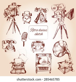 Retro devices decorative icons sketch set with film camera telephone typing machine isolated vector illustration