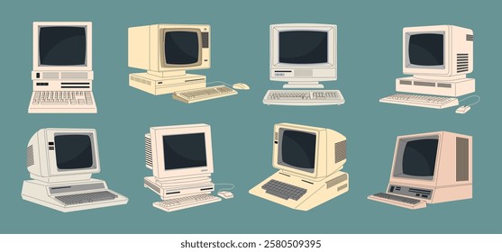 Retro devices. Historical technologies 80s and 90s electronic equipment old style computers recent vector flat pictures template