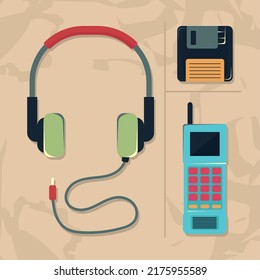 retro devices icon set on brown background