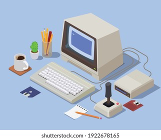 Retro devices isometric background with personal computer consisting from system unit monitor keyboard and attached joystick vector illustration