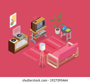 Retro devices isometric concept with TV lamp and telephone vector illustration