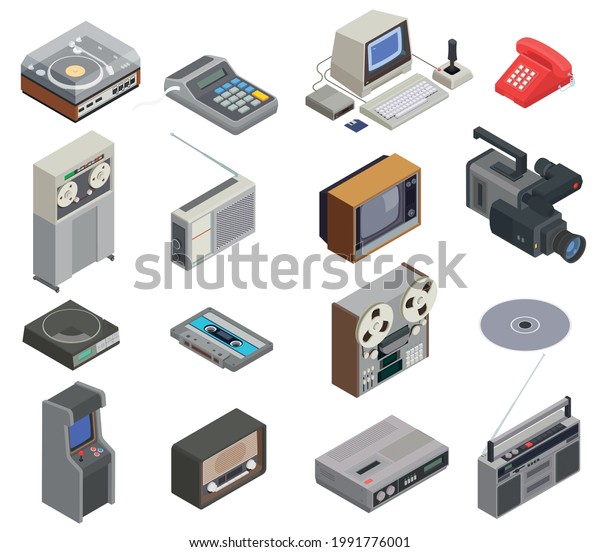 Retro devices isometric set of isolated\
icons with old tape players telephones tv and cassette images\
vector illustration