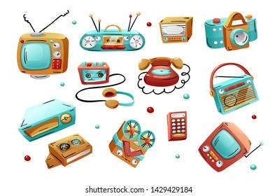 Retro devices in mixed style - flat, cartoon, comics. Vector illustration isolated on white background.