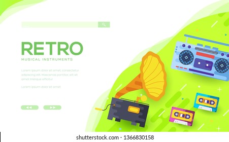 Retro devices for recording and reproduction of sound: gramophone, phonograph, tape recorder with audio cassettes on green background. Vector flat template. Place for text, copy space.