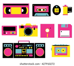 Retro devices set. 80s - 90s fashion style. Record player, videotape, audio cassette, photo camera, floppy disc
