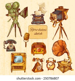 Retro devices sketch colored decorative icons set with microphone tv gramophone isolated vector illustration