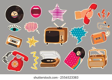 Retro Devices Sticker Set isolated on grey.Vinyl record, record player, television, magnetic tape cassette, radio rotary telephone.Vector designs for use in banner,card,invitation.Flat  illustration.