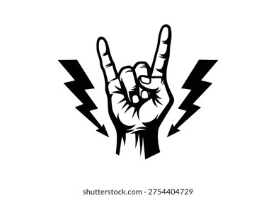 Retro devil horns rock hand gesture illustration - Vintage rock and roll hand sign with lightning bolts