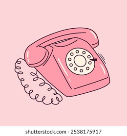 Retro dial telephone in pink color. Vintage wire phone contour drawing. Old electronic device. Cute vector clipart