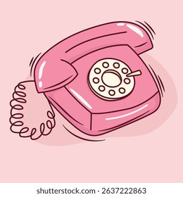 Retro dial telephone in pink color. Vintage wire phone contour drawing. Old electronic device.