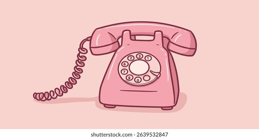 Retro dial telephone in pink color. Vintage wire phone contour drawing. Old electronic device. Cute vector clipart