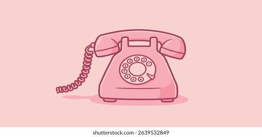 Retro dial telephone in pink color. Vintage wire phone contour drawing. Old electronic device. Cute vector clipart