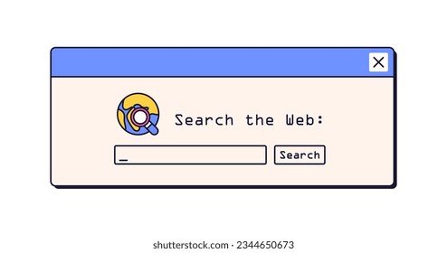 Retro dialog window, web search. Browser bar, message box for surfing internet network in 90s, 00s. Computer UI element in nineties style. Flat graphic vector illustration isolated on white background