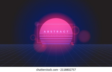 Retro digital 80s style futuristic abstract background. Sci-fi neon light glowing perspective grid landscape with blue, pink, purple color gradient sun and lens flare. EPS10 illustration vector.