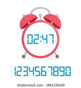 Reloj de alarma digital retro con números azules aislados en fondo blanco. Ilustración del vector EPS 10.