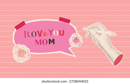 Collage digital retro con la mano que apunta al texto "Te amo mamá" en burbuja de discurso rosa sobre fondo de rayas